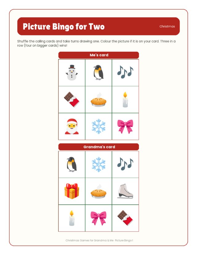 Two-Player Picture Bingo sample page